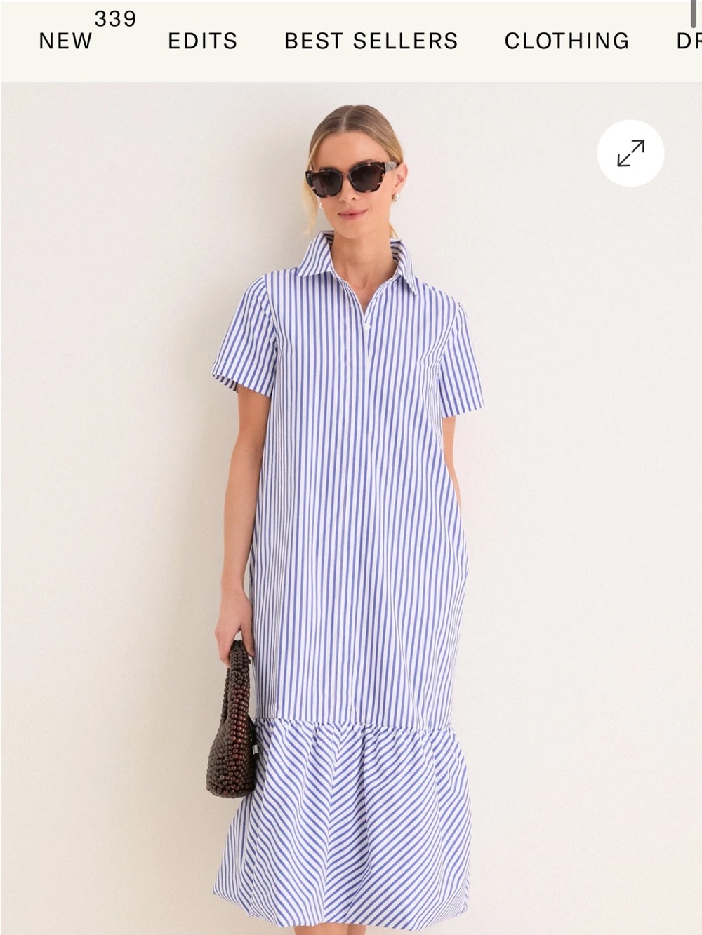 Tuckernuck Martin’s Striped Blue and White Polo Collar Midi Dress bubble hem